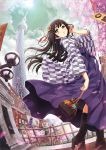  1girl black_hair boots fisheye flower from_below green_eyes hair_flower hair_ornament hakama japanese_clothes kinchaku long_hair meiji_schoolgirl_uniform original purple_hakama solo tougarashi_hideyu yagasuri 