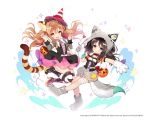  2girls animal_ears animal_hood bandages black_eyes black_hair boots brown_eyes brown_hair byulzzimon character_request claw_pose dress fake_animal_ears fang gloves halloween hat high_heels hood hoodie long_hair multiple_girls open_mouth paw_gloves paw_shoes shoes smile source_request striped striped_legwear tail thigh-highs tiger_ears traffic_cone twintails witch_hat wolf_ears 