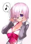  1girl adjusting_glasses bikini_top black-framed_eyewear breasts collarbone eyes_visible_through_hair fate/grand_order fate_(series) glasses hair_over_one_eye highres hyp jacket large_breasts long_sleeves looking_at_viewer musical_note open_clothes open_jacket pink_hair pink_ribbon quaver ribbon shielder_(fate/grand_order) short_hair smile solo speech_bubble spoken_musical_note swimsuit violet_eyes zipper 