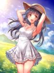  1girl armpits bangs black_hair blurry breasts brown_eyes clouds cloudy_sky depth_of_field dress dutch_angle hat long_hair nishizawa open_mouth original sideboob sky smile solo straw_hat white_dress 