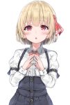  1girl :o alternate_costume arm_belt belt blonde_hair blush bow bowtie hair_ribbon long_sleeves looking_at_viewer red_bow red_bowtie red_eyes red_ribbon ribbon rumia short_hair simple_background solo steepled_fingers touhou upper_body white_background wowoguni 