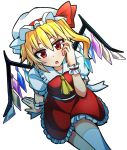  1girl :o adjusting_hair ascot blonde_hair blush bow crystal flandre_scarlet frills from_above hat hat_bow highres looking_at_viewer mob_cap open_mouth red_eyes red_skirt simple_background single_thighhigh sitting skirt solo tanakara thigh-highs touhou tsurime white_background white_legwear wings wrist_cuffs 