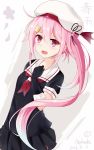  1girl 2016 :d beret black_gloves character_name commentary dated gloves gradient_hair hair_ornament hairclip harusame_(kantai_collection) hat highres kantai_collection long_hair looking_at_viewer multicolored_hair open_mouth petals pink_eyes pink_hair pleated_skirt school_uniform serafuku side_ponytail signature sin-poi skirt smile solo translated very_long_hair 