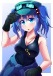  1girl :o adjusting_clothes adjusting_hat bare_arms bare_shoulders black_gloves blue_eyes blue_hair blush breasts camisole clothes_around_waist gloves goggles goggles_on_headwear hair_bobbles hair_ornament hat head_tilt highres jacket_around_waist kawashiro_nitori key large_breasts open_mouth solo sweat tanakara tank_top touhou twintails two_side_up 