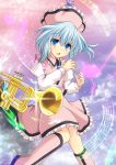  1girl blue_eyes blue_hair clouds cross_(crossryou) glowing hat instrument merlin_prismriver musical_note sky solo touhou trumpet 