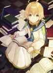  1boy ahoge blonde_hair book checkered checkered_floor child green_eyes highres kurodeko laphicet_(tales) pantyhose sailor_collar sitting solo tales_of_(series) tales_of_berseria too_many too_many_books 