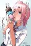  1girl arakure blue_eyes food food_on_face hair_bun ice_cream ice_cream_on_face looking_at_viewer pink_hair short_hair signature simple_background solo too_many too_many_scoops translation_request yahari_ore_no_seishun_lovecome_wa_machigatteiru. yuigahama_yui 