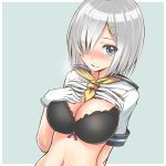  1girl bangs black_bra blue_eyes blush bow bow_bra bra breasts cleavage commentary_request gloves hair_ornament hair_over_one_eye hairclip hamakaze_(kantai_collection) hand_on_own_chest heart heart-shaped_pupils kantai_collection large_breasts looking_at_viewer navel school_uniform serafuku shirt_lift short_hair silver_hair smile solo symbol-shaped_pupils takamiya_nao teal_background underwear white_gloves 