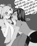  2girls all_fours atobesakunolove bangs black_shorts blush braid character_name english flustered full-face_blush grey_background greyscale hair_tubes hands_up holding_arm kneeling leaning_forward mercy_(overwatch) monochrome multiple_girls overwatch pants pharah_(overwatch) ponytail shirt short_hair short_shorts short_sleeves shorts side_braids simple_background sleeves_rolled_up speech_bubble sweatdrop yuri 