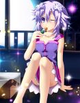  1girl d-pad dango eating food hair_ornament highres looking_at_viewer moon neptune_(choujigen_game_neptune) neptune_(series) one_eye_closed planeptune purple_hair short_hair sitting skewer smile solo star_(sky) violet_eyes wagashi zipper 