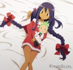  1girl alternate_costume alternate_hairstyle artist_name bed_sheet bow braid brown_eyes candy candy_cane character_doll christmas dark_skin dent_(pokemon) food hair_bow highres holding holding_food iris_(pokemon) long_hair lying meiji on_back on_bed pokemon pokemon_(anime) purple_hair solo twin_braids very_long_hair 