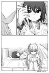  2girls anchovy bangs book comic girls_und_panzer greyscale hair_between_eyes headboard highres holding holding_another&#039;s_hair holding_book knees_together knees_up long_hair looking_at_another lying monochrome multiple_girls nishizumi_maho on_back on_bed pajamas reading short_hair sitting smile translated under_covers yawaraka_black 