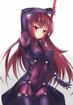  1girl arm_up bodysuit brown_hair covered_navel fate/grand_order fate_(series) gae_bolg holding long_hair looking_at_viewer parted_lips red_eyes scathach_(fate/grand_order) simple_background sin-poi solo white_background 