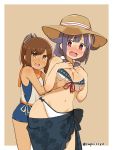  2girls bikini blush breast_grab brown_eyes brown_hair capriccyo front-tie_top grabbing grabbing_from_behind hair_flaps hair_ornament hairclip highres i-401_(kantai_collection) kantai_collection low_twintails multiple_girls one-piece_swimsuit open_mouth ponytail purple_hair red_eyes sailor_collar sarong school_swimsuit short_ponytail swimsuit swimsuit_under_clothes taigei_(kantai_collection) tan tanline twintails twitter_username 