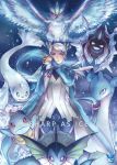  1girl androgynous articuno blanche_(pokemon) blue_eyes cloyster dark_skin dewgong english holding holding_poke_ball jacket lapras open_clothes open_jacket payoki poke_ball pokemon pokemon_(creature) pokemon_go ponytail squirtle team_mystic vaporeon white_hair 