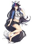  1girl animal_ears barefoot black_hair breasts controller fang gamecube_controller gebyy-terar large_breasts long_hair midriff multicolored_hair raglan_sleeves shorts simple_background solo tail yellow_eyes 