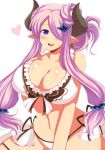  1girl :d afuro bikini blush breasts cleavage collarbone commentary_request cowboy_shot doraf earrings frilled_bikini frills granblue_fantasy hair_ornament hair_over_one_eye heart horns jewelry large_breasts lavender_hair long_hair looking_at_viewer low-tied_long_hair narumeia_(granblue_fantasy) navel open_mouth pointy_ears side-tie_bikini sidelocks smile solo swimsuit violet_eyes white_background white_bikini 