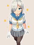  1girl black_legwear blouse blue_eyes breasts from_above gloves hair_ornament hair_over_one_eye hairclip hamakaze_(kantai_collection) kantai_collection looking_up neckerchief neri_sachiko pantyhose pleated_skirt school_uniform short_hair silver_hair skirt solo white_gloves 
