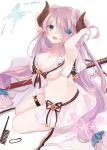  1girl arms_behind_head arms_up blue_eyes breasts closed_eyes comb commentary_request demon_horns doraf front-tie_top granblue_fantasy hair_over_one_eye horns katana large_breasts lavender_hair long_hair looking_at_viewer narumeia_(granblue_fantasy) open_mouth pink_hair riruno simple_background solo sword very_long_hair weapon white_background 