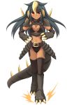  1girl black_hair breasts claws cleavage_cutout cross_(crossryou) dark_skin horns large_breasts long_hair looking_at_viewer navel personification red_eyes smile solo tan ultra_series 