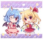  2girls :3 :d ;) animal_ears arm_garter arm_up ascot bat_wings blonde_hair blue_hair blush bobby_socks bow brooch cat_ears cat_tail character_name chibi commentary crystal fang flandre_scarlet frilled_shirt_collar frills full_body hair_ribbon hands_on_hips highres jewelry kemonomimi_mode looking_at_viewer multiple_girls no_hat no_headwear one_eye_closed open_mouth pink_shirt pink_shoes pink_skirt puffy_short_sleeves puffy_sleeves red_bow red_eyes red_ribbon red_shirt red_shoes red_skirt remilia_scarlet ribbon sash shirt shoes short_sleeves siblings side_ponytail sisters skirt skirt_set smile socks star tail touhou white_legwear wings yada_(xxxadaman) 