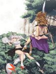  2girls armpits bare_legs belt black_skirt bracer breasts brown_hair commentary_request crop_top detached_sleeves earmuffs floating geta hat inubashiri_momiji leaf looking_at_another lying maple_leaf medium_breasts midriff multiple_girls navel outdoors pink_shirt pom_pom_(clothes) purple_skirt red_eyes red_ribbon ribbon ribbon-trimmed_sleeves ribbon_trim shield shinburu shirt short_hair skirt sword tabi taut_clothes tengu-geta tokin_hat touhou toyosatomimi_no_miko tree weapon white_hair white_legwear wide_sleeves 