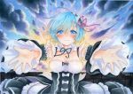  1girl acrylic_paint_(medium) blue_eyes blue_hair blush clouds dated detached_sleeves dress happy_tears looking_at_viewer maid maid_headdress mosho outstretched_arms re:zero_kara_hajimeru_isekai_seikatsu rem_(re:zero) short_hair signature sky smile solo sunlight tearing_up tears traditional_media wall 