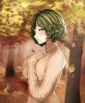  1girl alternate_costume blush breasts commentary commentary_request curly_hair falling_leaves from_side green_hair highres kazami_yuuka kikimifukuri large_breasts long_sleeves looking_at_viewer profile red_eyes ribbed_sweater short_hair sleeves_past_wrists smile solo sweater touhou turtleneck turtleneck_sweater wavy_hair 