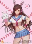  1girl :3 alternate_costume animal_ears brown_hair crop_top d.va_(overwatch) hand_puppet headphones heart long_hair looking_at_viewer midriff miniskirt navel overwatch puppet rabbit_ears sailor_collar school_uniform serafuku skirt smile solo songjikyo spoken_heart whisker_markings 