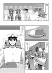  1boy 4girls admiral_(kantai_collection) ahoge comic detached_sleeves double_bun greyscale hair_ornament hairband hairclip haruna_(kantai_collection) hat hiei_(kantai_collection) isokaze_(kantai_collection) kantai_collection kiryuu_makoto kongou_(kantai_collection) long_hair military military_uniform monochrome multiple_girls naval_uniform nontraditional_miko peaked_cap pleated_skirt school_uniform serafuku short_hair skirt translated uniform 