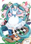  1girl ;d absurdly_long_hair absurdres alice_in_musicland_(vocaloid) alice_in_wonderland aqua_eyes aqua_hair book bow cake card cat checkered cheshire_cat cookie cup flower food hair_bow hair_ornament hair_ribbon hairclip hatsune_miku highres long_hair looking_at_viewer one_eye_closed open_mouth playing_card pocket_watch rabbit ribbon rose smile sugar_sound teacup teapot twintails very_long_hair vocaloid watch white_rabbit 