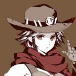  1girl atobesakunolove breastplate brown_background brown_eyes brown_hat brown_lipstick cape cowboy_hat eyebrows eyebrows_visible_through_hair eyelashes genderswap genderswap_(mtf) hand_up hat limited_palette lips lipstick makeup mccree_(overwatch) mechanical_arm overwatch pointing pointing_up poncho red_cape short_hair simple_background solo upper_body 