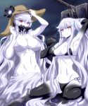  2girls aircraft_carrier_hime alternate_costume arm_behind_head arm_up bikini black_bikini breasts drink drinking_straw flower_hat hand_behind_head hat horns kantai_collection large_breasts long_hair looking_at_viewer midway_hime multiple_girls navel one_side_up quatre_aaaa red_eyes sarong shinkaisei-kan side-tie_bikini sitting swimsuit very_long_hair wariza white_bikini white_hair white_skin 