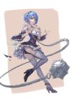  1girl absurdres black_panties blue_eyes blue_hair blur detached_sleeves dress flail hair_ornament hair_ribbon highres maid maid_headdress morning_star motion_blur panties re:zero_kara_hajimeru_isekai_seikatsu rem_(re:zero) ribbon short_hair solo tsuki_no_i-min underwear weapon white_legwear x_hair_ornament 