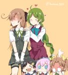  &gt;_&lt; 5girls :d ahoge akigumo_(kantai_collection) alternate_hairstyle bike_shorts black_hair blouse blue_ribbon blush braid brown_hair buttons chibi closed_eyes cosplay dress embarrassed eyebrows eyebrows_visible_through_hair full-face_blush gloves gradient_hair green_hair green_ribbon grey_legwear hair_down hair_ornament hair_ribbon hairclip hands_on_another&#039;s_shoulders heart jitome kagerou_(kantai_collection) kagerou_(kantai_collection)_(cosplay) kantai_collection kuroshio_(kantai_collection) long_hair long_sleeves looking_away multicolored_hair multiple_girls neck_ribbon no_eyes no_mouth open_mouth orange_background pantyhose pink_hair pleated_skirt pocket ponytail red_ribbon ribbon school_uniform shiranui_(kantai_collection) short_hair short_sleeves shorts_under_skirt simple_background single_braid skirt sleeveless sleeveless_dress smile sweatdrop twintails twitter_username very_long_hair vest wavy_mouth white_blouse white_gloves yellow_ribbon yuugumo_(kantai_collection) yuutama2804 