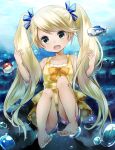  1girl barefoot blonde_hair blue_eyes bubble character_request denim denim_shorts dress feet fish highres long_hair open_mouth poke_ball pokemon pokemon_(creature) pokemon_(game) pokemon_sm ribbon short_dress short_shorts shorts shorts_under_dress sleeveless smile solo toes twintails underwater very_long_hair water wishiwashi 