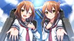  2girls ;d anchor_print bangs blue_sky brown_eyes brown_hair clouds commentary_request fang folded_ponytail hair_between_eyes hair_ornament hairclip hand_on_own_chest ikazuchi_(kantai_collection) inazuma_(kantai_collection) kantai_collection light_rays multiple_girls neckerchief one_eye_closed open_mouth outstretched_hand rigging school_uniform serafuku sky smile sparkle sunbeam sunlight takamiya_nao water_drop 