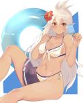  1girl ahoge alternate_costume asyde bikini breasts cleavage collarbone dark_skin flower granblue_fantasy hair_between_eyes hair_flower hair_ornament hibiscus innertube knee_up long_hair looking_at_viewer medium_breasts midriff popsicle red_eyes side-tie_bikini sitting skirt skirt_around_one_leg smile solo swimsuit the_order_grande white_hair 