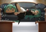  1girl absurdres black_legwear blurry couch depth_of_field dragon_xiuluo dress green_eyes green_hair hatsune_miku highres long_hair lying o_o on_back smile solo spring_onion thigh-highs twintails very_long_hair vocaloid 