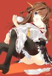  1girl ;d artist_name brown_hair cup dated detached_sleeves headgear highres kantai_collection kongou_(kantai_collection) long_hair long_sleeves nakamura_takeshi nontraditional_miko one_eye_closed open_mouth panties pantyshot pantyshot_(sitting) pleated_skirt red_background ribbon-trimmed_sleeves ribbon_trim signature simple_background sitting skirt smile solo teacup thigh-highs underwear violet_eyes wide_sleeves 