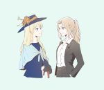  2girls alternate_costume blonde_hair blue_background blue_eyes cowboy_shot darjeeling girls_und_panzer green_eyes hands_in_pocket highres kay_(girls_und_panzer) long_hair looking_at_another multiple_girls neiigal shawl smile 