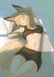  1girl animal_ears armpits arms_up batta_(kanzume_quality) blonde_hair breasts closed_eyes fox_ears fox_tail long_hair lying midriff navel on_back open_mouth original pillow sleeping solo tail 