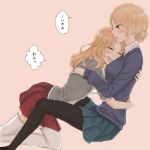  2girls blonde_hair blush closed_eyes darjeeling girls_und_panzer hug jacket kay_(girls_und_panzer) mochi_(non165) multiple_girls necktie pantyhose pink_background sweater thigh-highs translation_request white_legwear yuri 