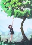  1girl arm_up black_dress blurry boots brown_boots brown_eyes brown_hair bush cat day depth_of_field dress food fruit grass hair_ornament hairclip kagawa_yuusaku looking_up original outdoors outstretched_arm reaching_out standing tiptoes tree 