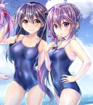  2girls akebono_(kantai_collection) bell black_hair breasts competition_school_swimsuit covered_navel flower from_side hair_bell hair_flower hair_ornament hand_on_hip jingle_bell kantai_collection kotatsu_(kotatsu358) large_breasts long_hair multiple_girls purple_hair side_ponytail swimsuit ushio_(kantai_collection) 