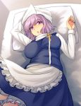  1girl :o apron blue_dress breasts commentary_request dress head_scarf large_breasts lavender_hair letty_whiterock long_sleeves looking_at_viewer lying on_back on_bed pillow short_hair solo touhou urin violet_eyes waist_apron 