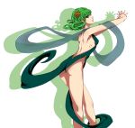  1girl adapted_costume akino_(gokosei) armpits ass bare_shoulders breasts closed_mouth commentary_request cowboy_shot curly_hair dress drop_shadow flower from_side green_dress green_eyes green_hair hair_flower hair_ornament highres kneepits leaning_forward looking_at_viewer one-punch_man open-back_dress outstretched_arms pelvic_curtain profile shawl short_hair sideboob sleeveless sleeveless_dress small_breasts solo tatsumaki white_background 