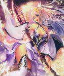  1girl absurdres blue_eyes boots breasts cleavage collarbone detached_sleeves dress flower hair_flower hair_ornament highres holding holding_sword holding_weapon huge_filesize long_hair medium_breasts open_mouth shingeki_no_bahamut silver_hair solo sword tachikawa_mushimaro thigh-highs thigh_boots weapon 