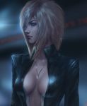  1girl blonde_hair blue_eyes breasts center_opening cleavage highres jacket jewelry necklace no_bra original raikoart short_hair solo upper_body 