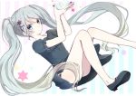  1girl black_dress dress hair_ornament hairclip hatsune_miku highres long_hair looking_at_viewer panties shoes side-tie_panties solo striped striped_background twintails underwear very_long_hair vocaloid 